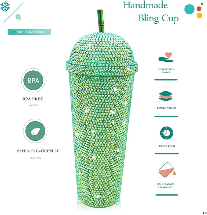 24oz Bling Cup Handmade Rhinestones Studded Tumbler Double Wall Insulated Plastic Reusable Water Bottle with Lid and Straws for Home Office Party Beach(Light Green)