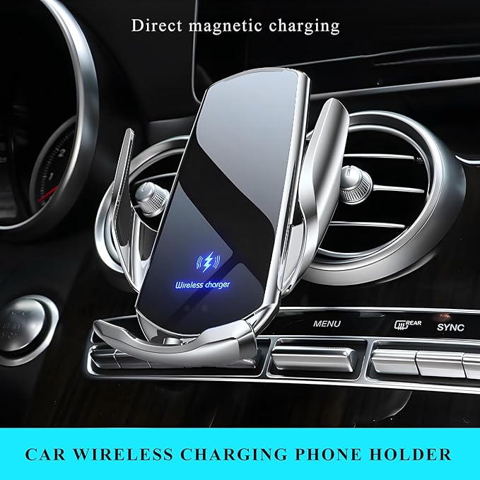 Sun Walker Wireless Car Charger Mount, Electric Induction 15W Fast Charging Bracket Air Vent Phone Holder, Auto-Clamping Wireless Charger Vent Mount Compatible with Most Smartphones (Silver)