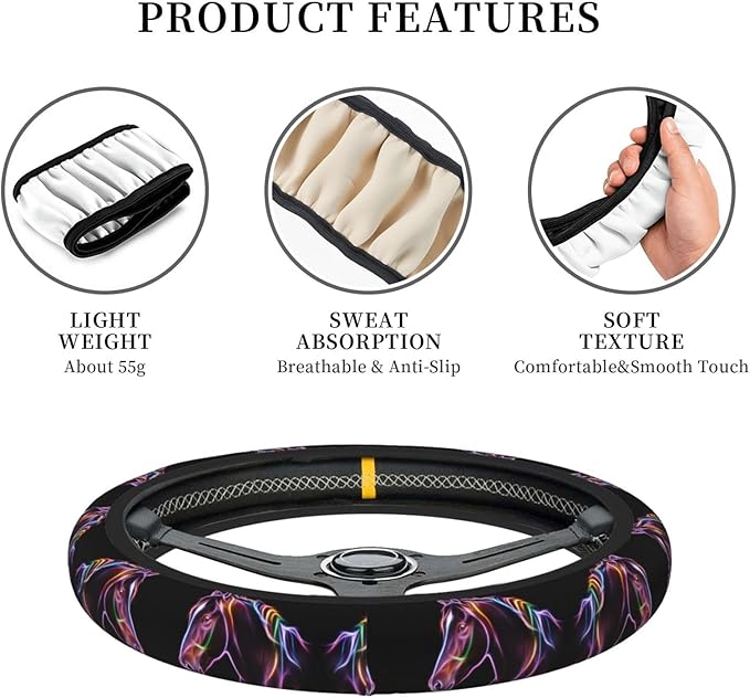 Neoprene Steering Wheel Cover Cool Horse Car Steering Wheel Cover Universal Fit for Most Cars