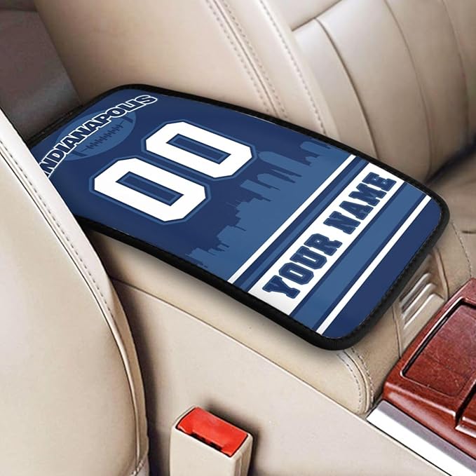 Custom Indianapolis Car Armrest Covers Personalized Football Style with Name Number Customized Auto Center Console Pad Car Handrail Box Cushion for Most Vehicle Decor Accessories, Fans Gift