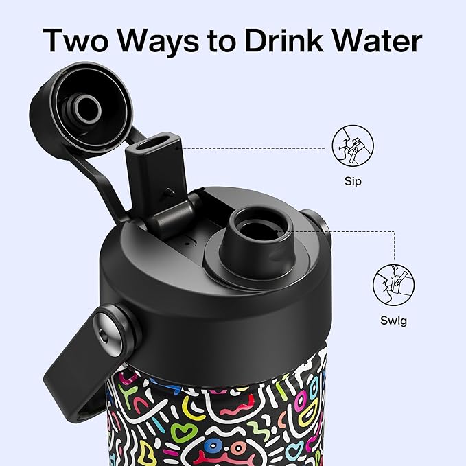 ENCOOL Insulated Water Bottle with Straw Stainless Steel Water Bottle, Leak-Proof, BPA-Free, Double Wall Vacuum Keeps Cold for 24 Hours for Sports, Travel, School (26 oz, Graffiti Faces)