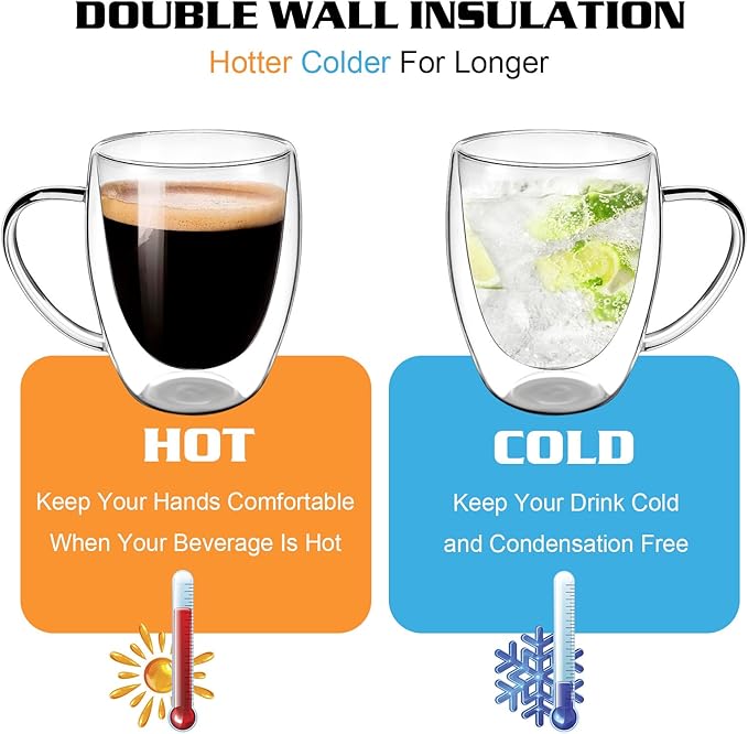 Clear Glass Double Wall Insulated Round Coffee Mugs Set of 4 Pieces - Medium Size 12oz Best Reusable Coffee Mug for Home Cafe Restaurant Perfect for Espresso Capucinno Lungo Latte Coffee