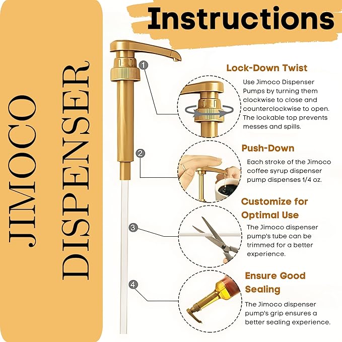 Jimoco Syrup Pump & Torani Syrup Bundle - Sugar Free Salted Caramel, French Vanilla, Brown Sugar Cinnamon, Vanilla Bean, Caramel Classic, Peanut Butter Cup - For Italian Soda Coffee, Lattes, Frappes With 6 Pump Dispensers
