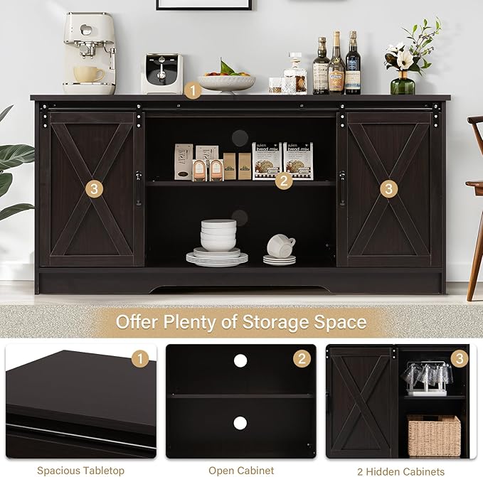 4 EVER WINNER Farmhouse Coffee Bar Cabinet, 59" Large Kitchen Storage Cabinet with Sliding Barn Doors, Buffet Cabinet with Storage Cupboard for Kitchen, Dining Room, Espresso