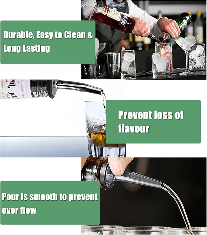 WAFJAMF 6 Pcs Liquor Pour Spouts Set, Stainless Steel Liquor Bottle Pourers with Rubber Dust Caps, for Pours Liquid, Olive Oil, Wine, Vinegar（Black）
