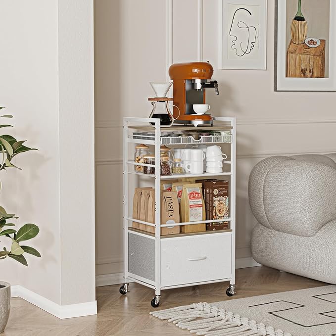 Coffee Bar Cabinet with Storage，5 Tier Coffee Station Table on Wheels, 33.6" H Cart with Drawer for Home Kitchen, Liquor Buffet Sideboard Cabinet (Modern White)