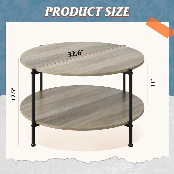 WLIVE Round Coffee Table, 32.6" Small Coffee Table with Storage Shelf, 2-Tier Circle Wood Center Table for Living Room, Apartment, Rustic Brown (Grey, 32.6" D x 32.6" W x 17.5" H)