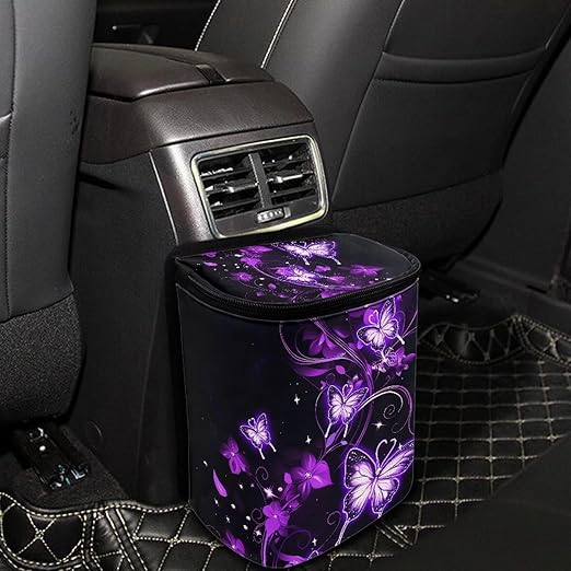 KEIAHUAN Purple Butterfly Car Garbage Bag Hanging Collapsible Large Capacity Garbage Can Portable Car Trash Can with Lid Collapsible Vehicle Interior Accessories for Women