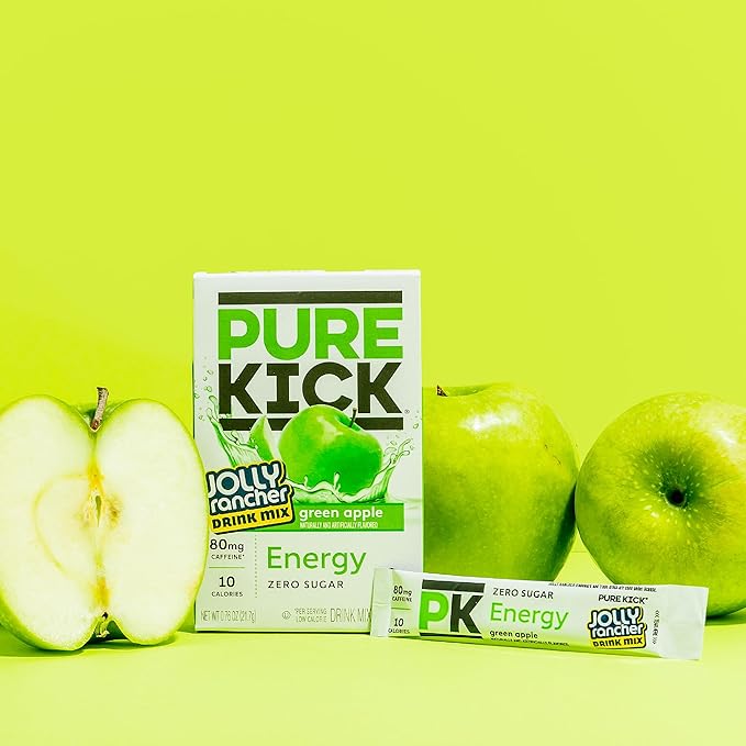 PURE KICK Energy Singles To Go Drink Mix, Jolly Rancher Green Apple, Includes 12 Boxes with 6 Packets in each Box, 72 Total Packets