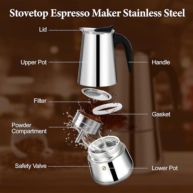 4 Cup Moka Pot Percolator Italian Coffee Maker 200ml Stovetop Espresso Mocha Stainless Steel Greca Coffee Maker Classic Cafe Makers Suitable for Induction Cookers Ceramic Stoves Straight