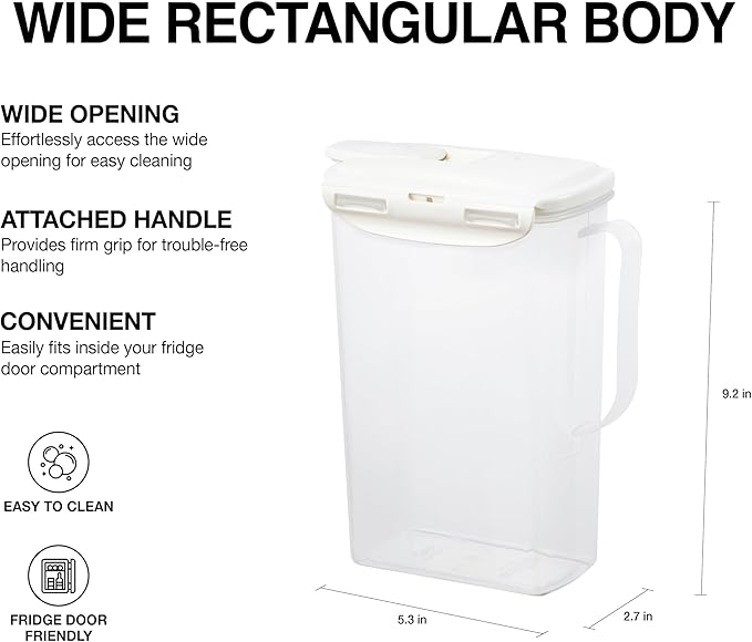 LocknLock Aqua Fridge Door Water Jug with Handle BPA Free Plastic Pitcher with Flip Top Lid Perfect for Making Teas and Juices, 2 Quarts, Ivory
