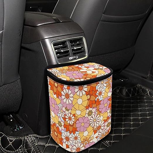 Colorful Hippie Flower Car Trash Bin Bag with Lid,Cottagecore Floral Hanging Auto Garbage Can Waste Storage Bag Universal Fit Most Vehicle Truck SUV Road Trip，Picnic
