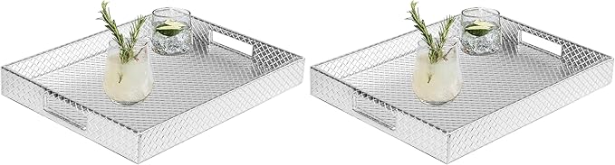 HofferRuffer Rectangle Serving Tray with Hole Handles for Coffee Table, Breakfast, Tea, Food, Butler - Countertop, Kitchen, Vanity Serve Tray, 16.2 x 12.2 x 2 inches, Faux Leather (Silver) (Pack of 2)