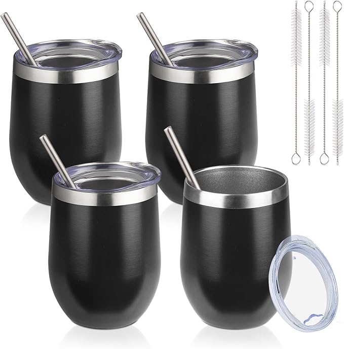 12oz/4 Pack Wine Tumbler with lid, Stainless Steel Travel Mugs Stemless Double Wall Insulated Coffee Cup, Insulated Wine Glasses Travel Tumbler for Cold & Hot Drinks(Black,4)