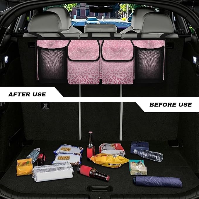 SEANATIVE Shiny Pink Leopard Car Trunk Organizer, Backseat Hanging Organizer with 4 Large Storage Bag Super Capacity -Trunk Organizer for SUV,Truck,Van -Your Space Saving Expert