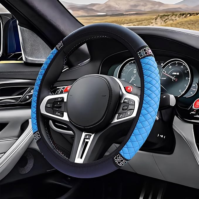 Bling Soft Leather Steering Wheel Cover, 15" Anti-Slip Sparkly Crystal Auto Elastic Steering Wheel Protector for Women Girl, Colorful Diamond Car Interior Accessory for Most Cars (Blue)