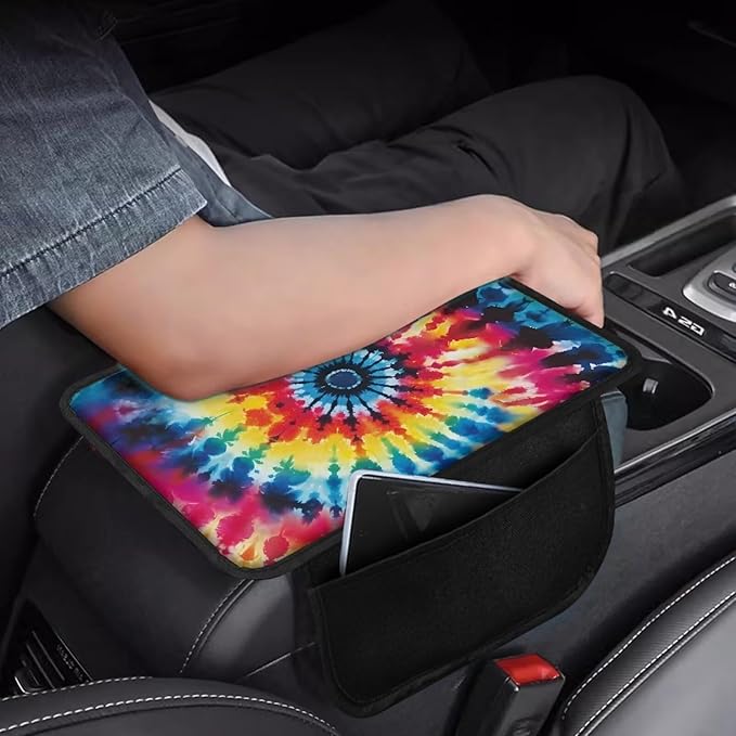BIGCARJOB Hippie Tie Dye Car Center Console Cover with Side Storage Tie Dye Print Car Accessories Center Console Armrest Cover Auto Center Console Cover Pad,Universal for Most Cars, Trucks, SUVs