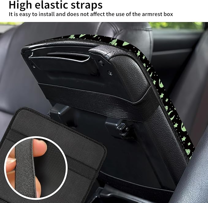 Car Center Console Cover, Universal Soft Large Neoprene Auto Armrest Seat Box Cover, Funny Car Decor Accessories Fit for Most Cars, Vehicles, SUVs Green Aliens Spaceships
