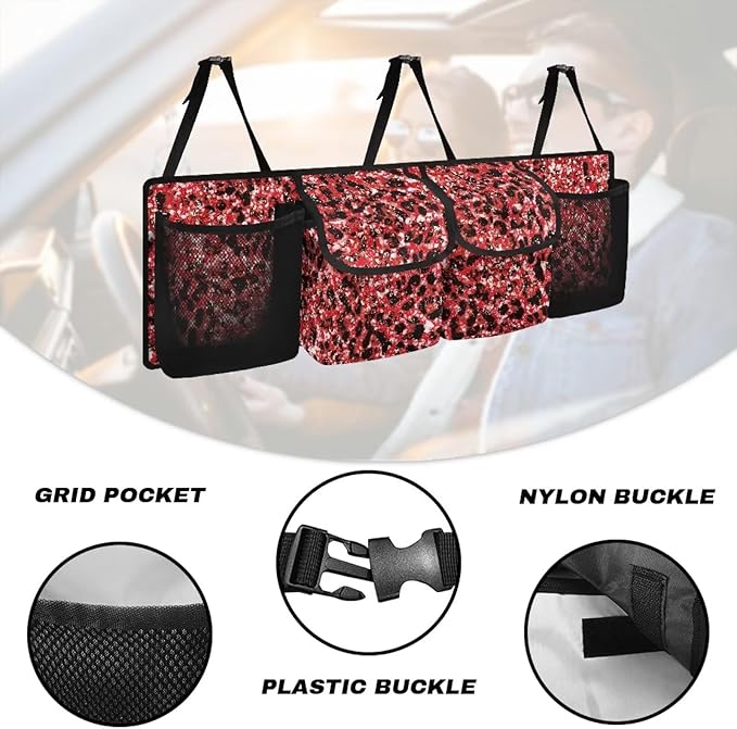 Red Leopard Car Storage Bag Hanging Backseat Organizer Waterproof Large Capacity Trunk Organizer for SUV with 4 Pockets & Buckle Suitable for Women Shopping or Beach Vacation