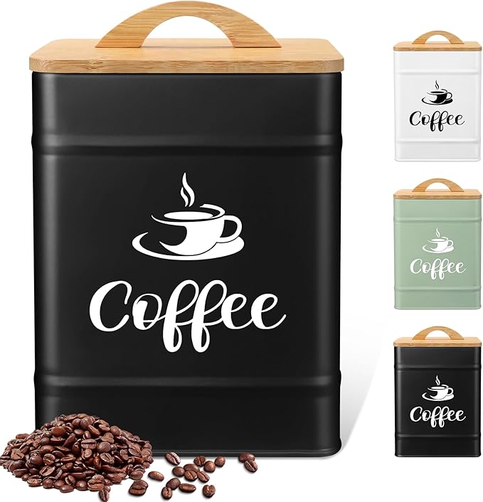 Maxdot 40 oz Black Airtight Coffee Canister Large Iron Farmhouse Container with Wooden Bamboo Lid Tea Storage Kitchen Countertop Container for Coffee Grounds Beans Pods