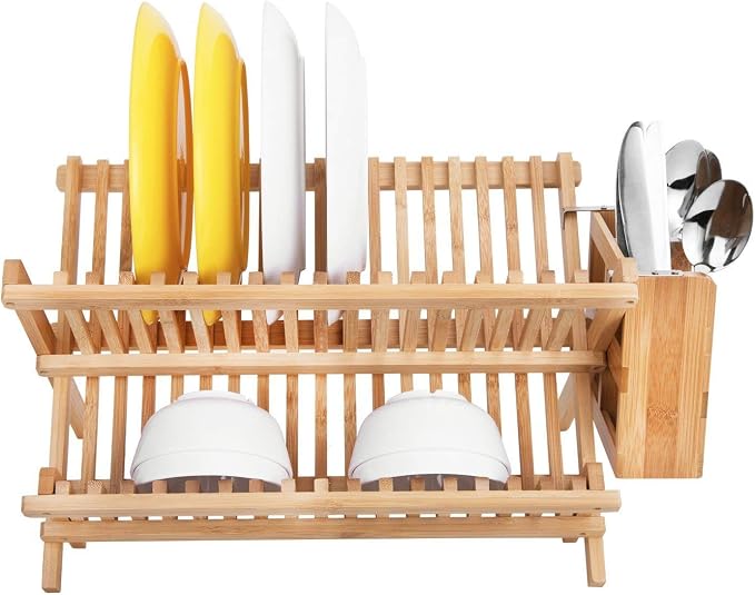 Lawei Bamboo Dish Drying Rack with Utensil Holder - Collapsible Dish Drainer Foldable Dish Rack Bamboo Plate Rack for Plates, Cups, Mugs, Utensil, Flatwares