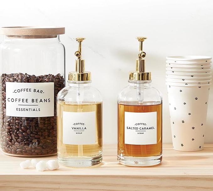 Santa Barbara Design Studio Coffee Bar Gifts Glass Syrup Dispensers, Set of 2, Clear Glass/Gold