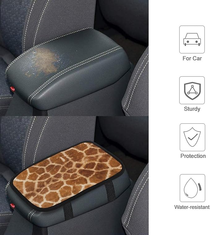 Animal Giraffe Print Car Center Console Cushion Pad,Waterproof Armrest Seat Box Cover Protector,Comfortable Car Decor Accessories Fit for Most Cars, Vehicles, SUVs