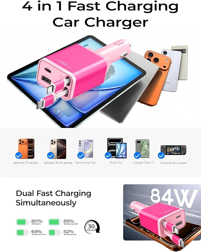 LISEN Retractable Car Charger Adapter for iPhone 17, Fast Charging Car Phone Charger, 84W USB C Car Truck Accessories, Road Trip Essentials Pink Accessories for Men Women for iPhone 17 16 15 14 13 12