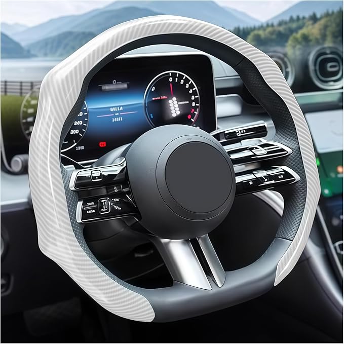 Carbon Fiber Car Steering Wheel Cover, Leather Non-Slip Vehicle Steering Wheel Cover for 14.5-15 Inch, Comfortable Auto Interior Protector Decoration Accessories, Universal Fit(White)