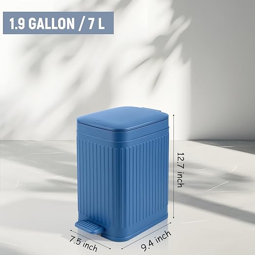 rejomiik Small Bathroom Trash Can with Lid Slim Soft Close Garbage Can Step Wastebasket Container Trash Bin for Office Bedroom Kitchen Living Room 1.9 Gallon, Navy Blue