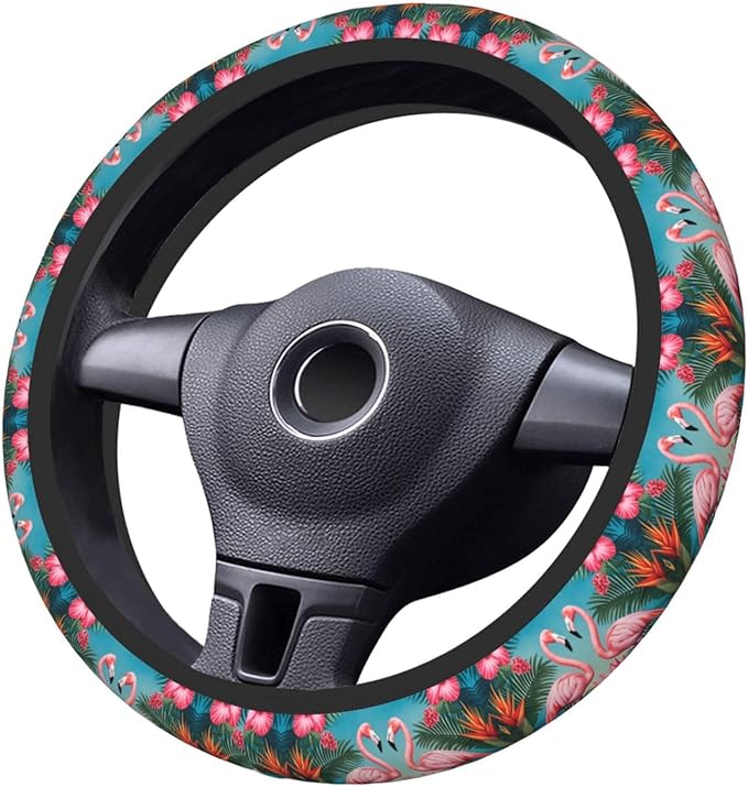 Flamingos Flower Palm Car Steering Wheel Cover, 15 Inch Steering Wheel Cover Stylish Decor for Most Cars