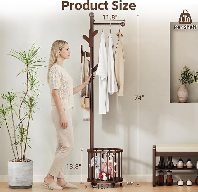Uniclinens Freestanding Wooden Coat Rack with Umbrella Holder，Walnut Coat Rack with Hooks, Space-Saving Entryway Organizer for Hanging Clothes and Storing Towels, Bedroom, Living Room