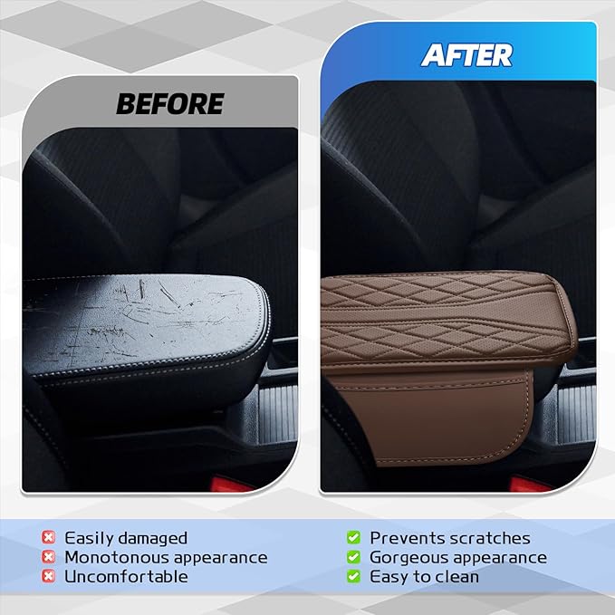 Car Center Console Cover, 11.8"×6.7" Leather Armrest Cover for Cars, Multifunctional Auto Armrest Cushion Pad with Storage Pocket, Universal Arm Rest Protector Car Accessories (Coffee)