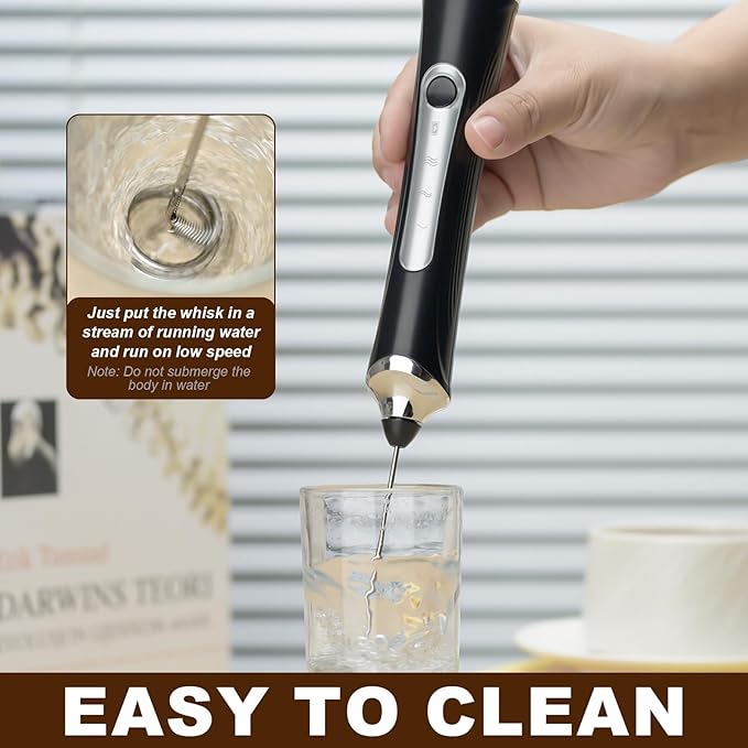 Handheld Electric Milk Frother with 2 Heads, Coffee Whisk Foam Mixer with USB Rechargeable 3 Speeds, Foam Maker Blender for Latte, Cappuccino, Hot Chocolate, Egg (Black with 3Head+Box)