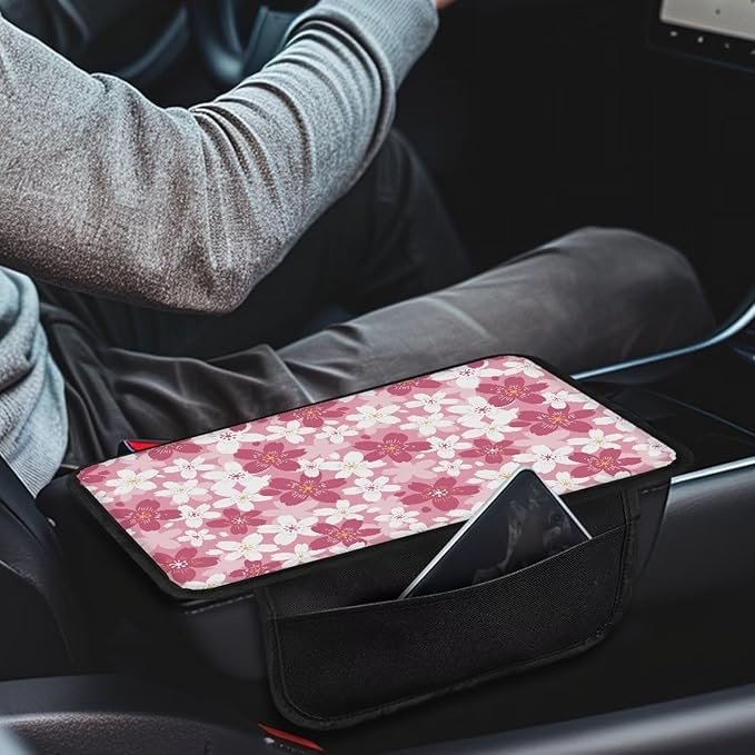 Dreaweet Car Center Console Cover Pink and White Cherry Blossom Car Accessories for Women Arm Rest Cover for SUV Sedan Non-Slip Comfortable Car Armrest Cover Pad,Easy to Install