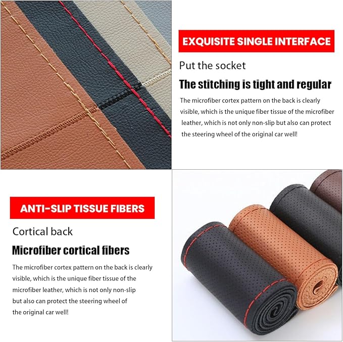Car Steering Wheel Cover, DIY Sewing Steering Wheel Protector, Breathable Anti-Slip Microfiber Leather Stitch On Wrap, Universal for 14.5-15 Inches Most Cars SUVs and Trucks