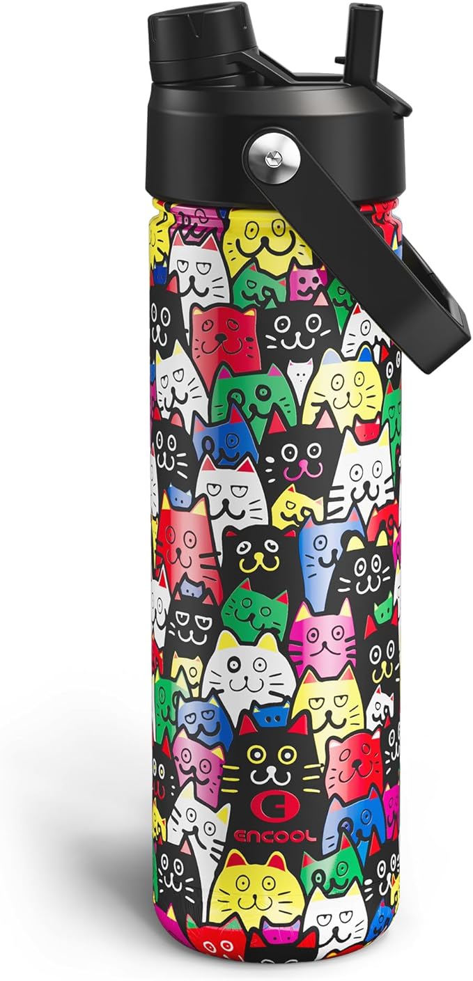 ENCOOL Insulated Water Bottle with Straw Stainless Steel Water Bottle, Leak-Proof, BPA-Free, Double Wall Vacuum Keeps Cold for 24 Hours for Sports, Travel, School (26 oz, Cat Pattern)