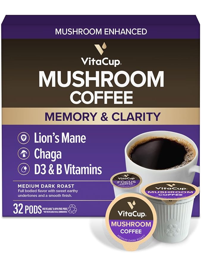 VitaCup Mushroom Coffee Pods, Boost Focus & Immunity w/Lions Mane, Chaga, B Vitamins, D3 for Memory & Clarity, Medium Roast, Single Serve Pod Compatible w/Keurig K-Cup Brewers,32 Ct