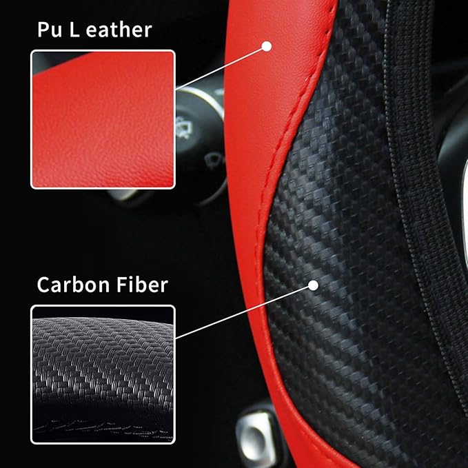 Car Steering Wheel Cover, 15 inch Carbon Fiber Microfiber PU Leather Elastic Steering Wheel Protector for Unisex, Anti-Slip Breathable Car Interior Accessories for Most Cars (Red)