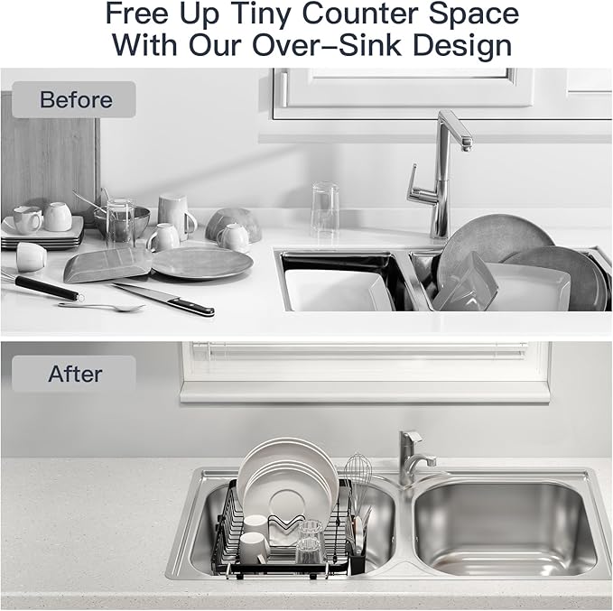 MAJALiS Dish Drying Rack Over The Sink with Utensil Holder, Mat | Expandable Stainless Steel Dish Drainer for Small Kitchen, Apartment, RV, Counter Space Saving, Perfect Fit, Rustproof