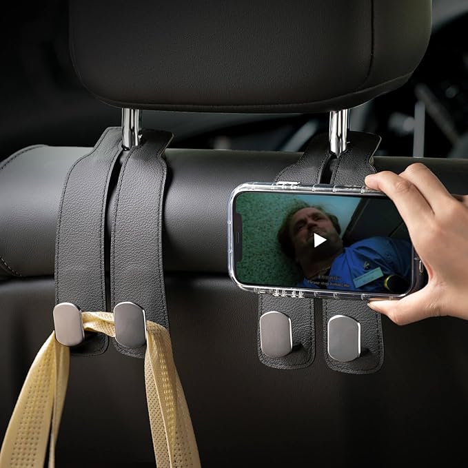 Genuine Leather Car Seat Hooks for Headrest - Flexible Car Seat Back Storage Hook for Purses and Bags, Upgraded Car Purse Hook Holder Hanger Organizer for Head Rest (Black-2 Pack)