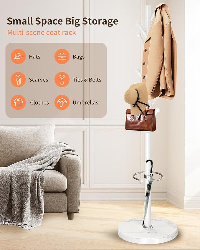 ZOZOE Metal Coat Rack Stand, Modern Coat Rack Freestanding with Natural Marble Base, Sturdy Industrial Coat Racks with 8 Hooks & Umbrella Holder,White Coat Tree Hanger Stand for Entryway,Office