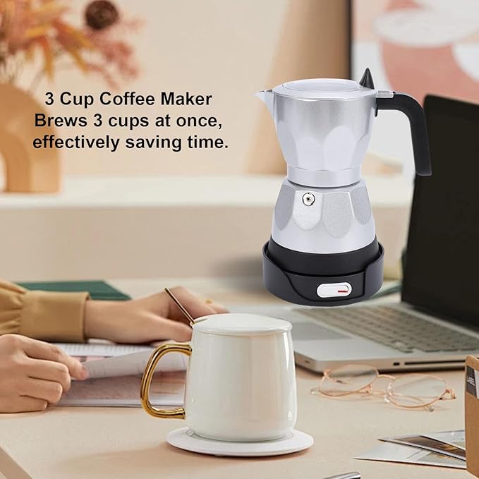 Electric Espresso Coffee Maker, 3 Cup Aluminum Italian Coffee Pot, Electric mokas Pot, Cuban Coffee Maker, Portable Mocha Pot Espresso Maker, Coffee Machine mokas Maker (Silver)