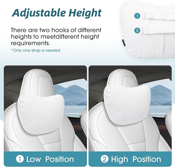 Upgraded Car Seat Neck Pillow - Adjustable Height Headrest Cushion - for Tesla Models 3/Y/S/X High Elastic Pearl Cotton Interior and Ventilated Nappa Leather - Neck Pain Relief (1 Pack White)