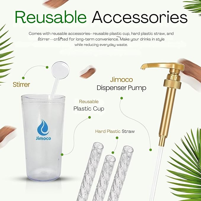 Jimoco Barista Set – Torani Sugar Free Coconut Syrup 25.4 oz, Jimoco Pump, Reusable Cup, Straw & Stirrer – Coffee, Italian Soda & Cocktail Flavoring Kit