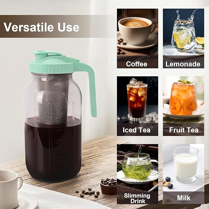 Cold Brew Coffee Maker - 64 Oz Heavy-Duty Glass Mason Jar Pitcher with Stainless Steel Filter, Leak-Proof Lid, Ergonomic Handle & Precision Pour Spout – Ideal for Iced Coffee, Tea, Cold Brew (Green)