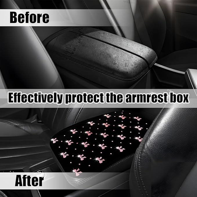 Car Center Console Cover, Waterproof Leather Bow Ribbon Vehicle Arm Rest Pad, Comfortable Automotive Interior Seat Box Armrest Protection Cushion Accessories, Universal Fit (Pink)