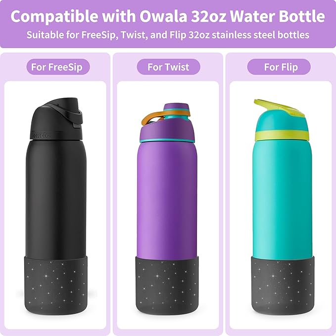 Silicone Boot for 32 oz Owala Water Bottles, Anti-Slip Protective Sleeve for Owala Twist & FreeSip & Flip Insulated Water Bottle, Boot Bottom Base (Glitter Black)