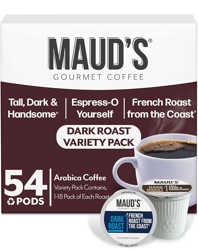 Maud's Dark Roast, French Roast & Espresso Coffee Pods Bundle, 54 ct, Single Serve Pods – 100% Arabica Coffee, Compatible with Keurig K Cups Maker