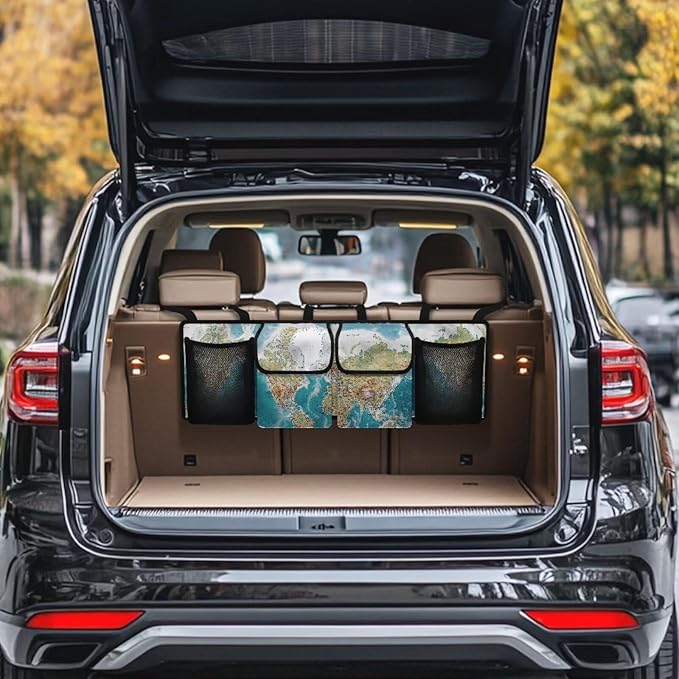 World Map Car Trunk Organizer Backseat Hanging Organizer with Pockets, Super Capacity Storage Solution Decoration for SUVs, Trucks, Vans, and Cars